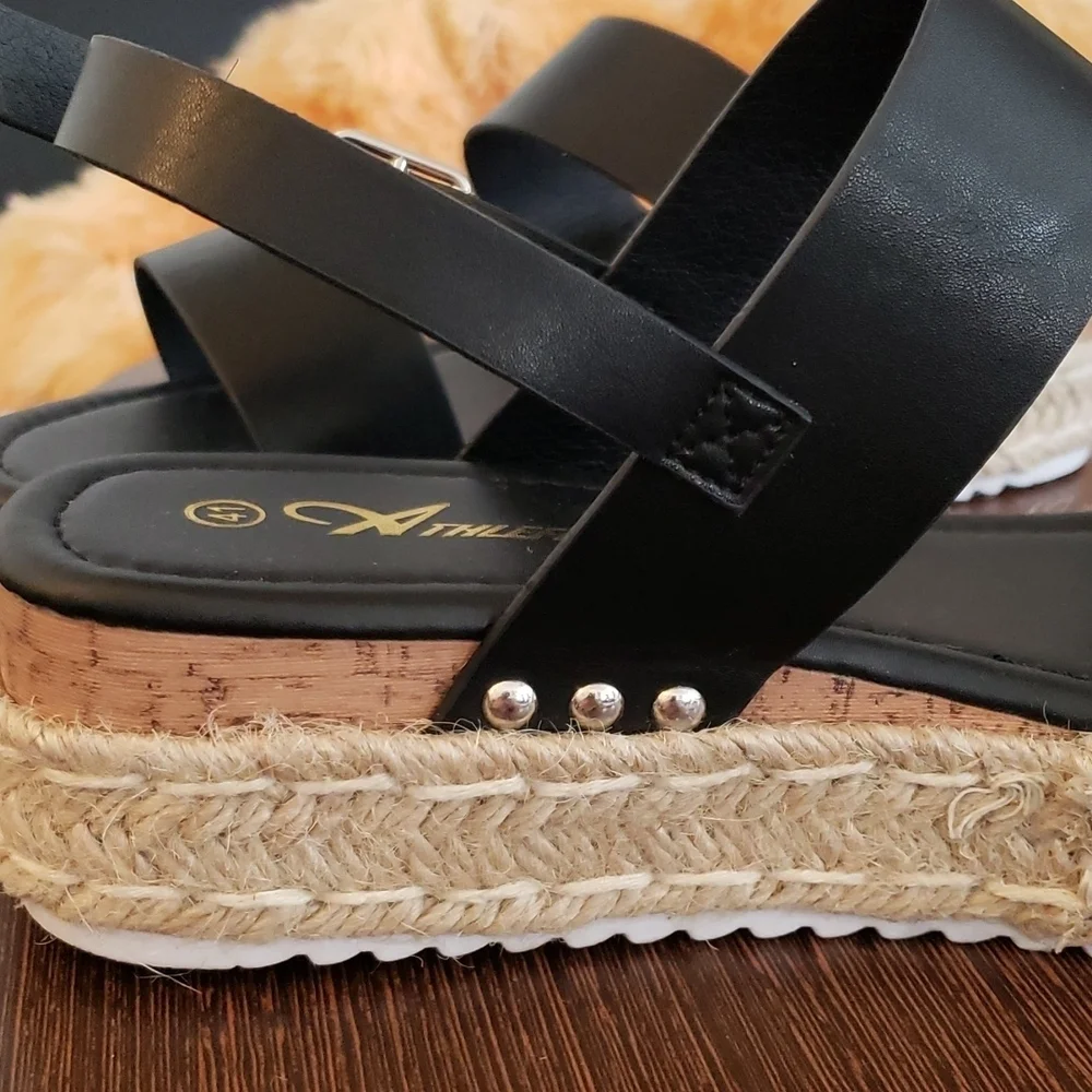 Athlefit Espadrilles Platform Wedge Open Toe Black Sandals Size 11